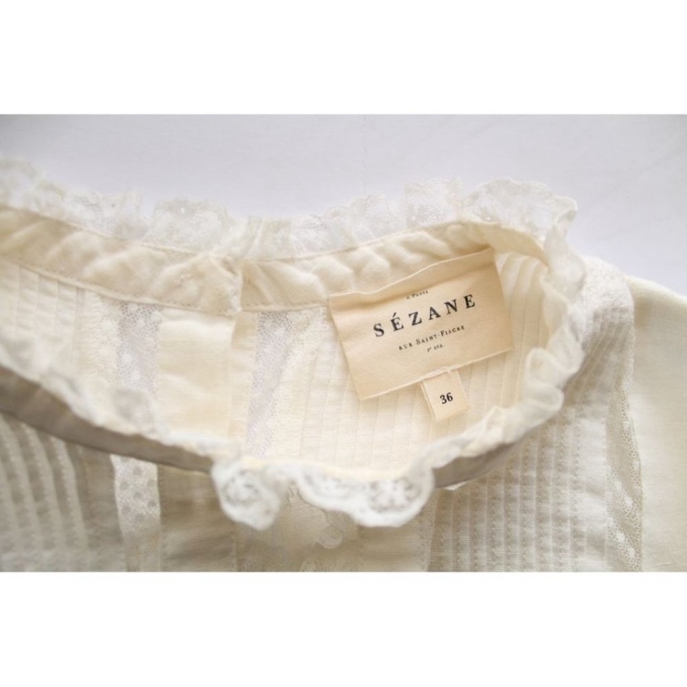 Sezane Antonia Linen Blouse White Size 36 Lace Trim - Picture 7 of 10
